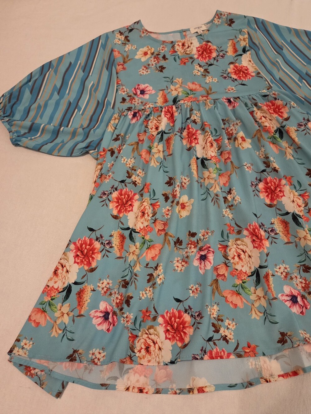 UMGEE Teal Blue Floral Multicolor Print Balloon Sleeve Scoop Neck Tunic Dress M - Picture 8 of 13